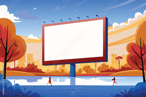 A vast park bathed in the warm glow of a golden sunset, featuring a colossal advertising poster dominating the scene.