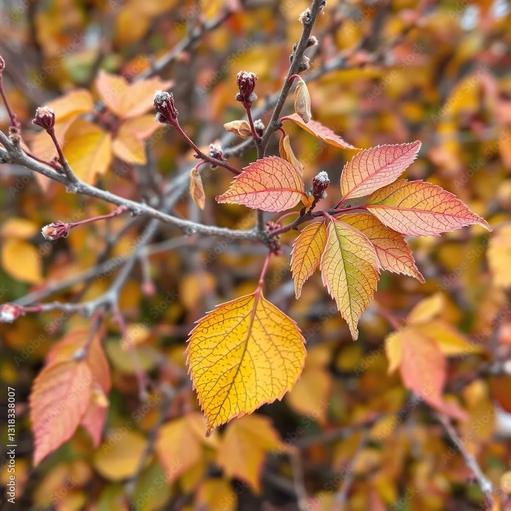Obraz premium Deciduous shrub with browned branches and leaf drop, foliage loss, frost damage