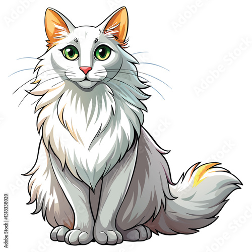 Photography A majestic pure white Turkish Angora cat sits elegantly, showcasing its long, silky fur and captivating blue eyes