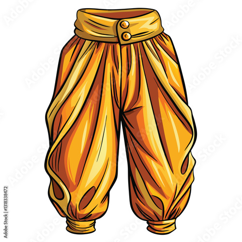 Create a vector illustration of a pair of flowing harem pants, showcasing intricate details and realistic fabric texture.  Include folds and drapes.