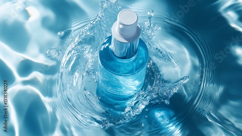 Aqua serum bottle in water ripples. Oceanic freshness. Hydrating skincare. AI generated