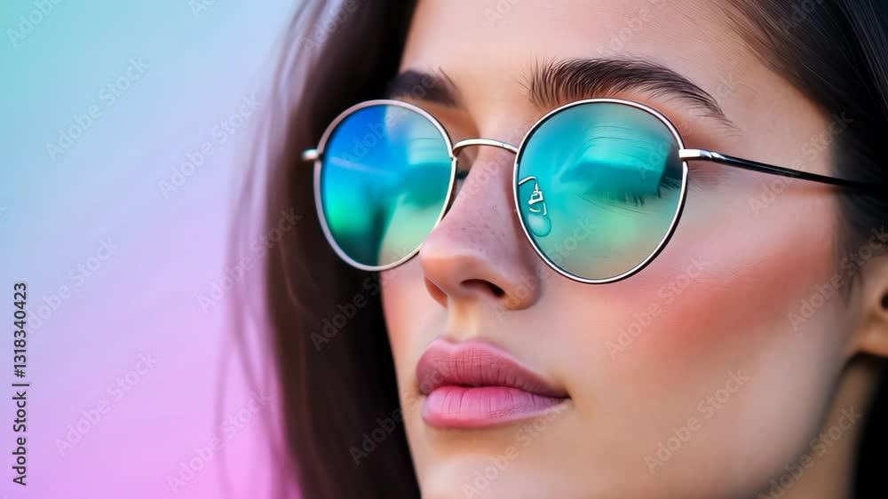 Woman with Reflective Glasses Staring Thoughtfully at Colorful Sky Background in Sunglasses with Rainbow Reflection