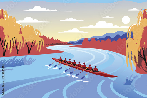 Serene landscape painting a winding river meanders through a vibrant green valley, rowers gliding peacefully on its surface.
