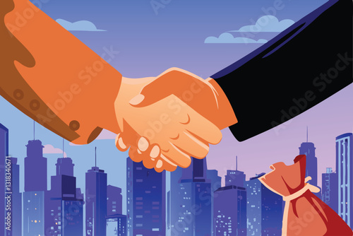 Two colossal hands shaking above a sprawling city skyline at sunset, symbolizing a powerful business agreement.