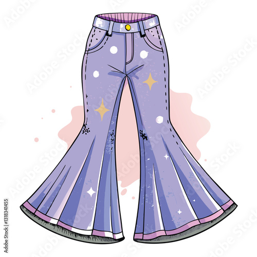 Generate a vector illustration of realistic, flared bell-bottom jeans, showcasing detailed stitching and texture, in various washes and colors.