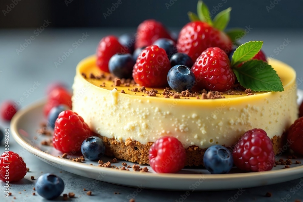 Creamy cheesecake with mixed berries and chocolate shavings, creamy, rich Creamy cheesecake with mixed berries and chocolate shavings, creamy, rich