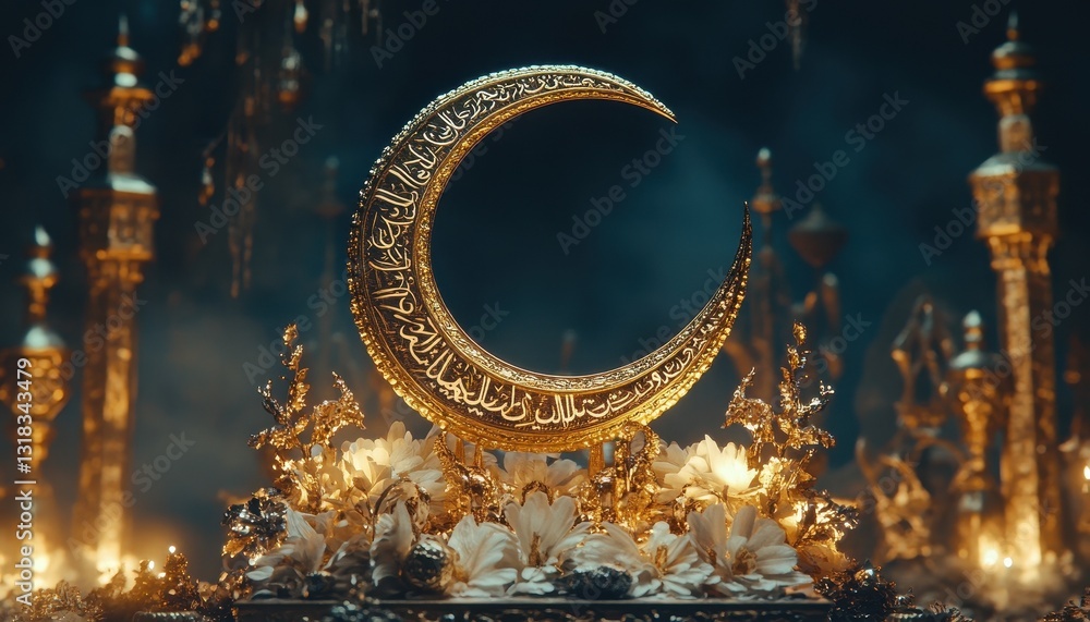 Obraz premium Golden Crescent Moon Ornament with White Flowers and Candles