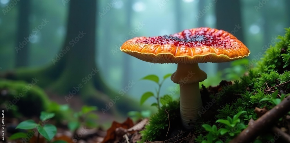 Fototapeta premium Gloeoporus dichrous in misty forest environment, bracket fungus, fog, gasteromycete