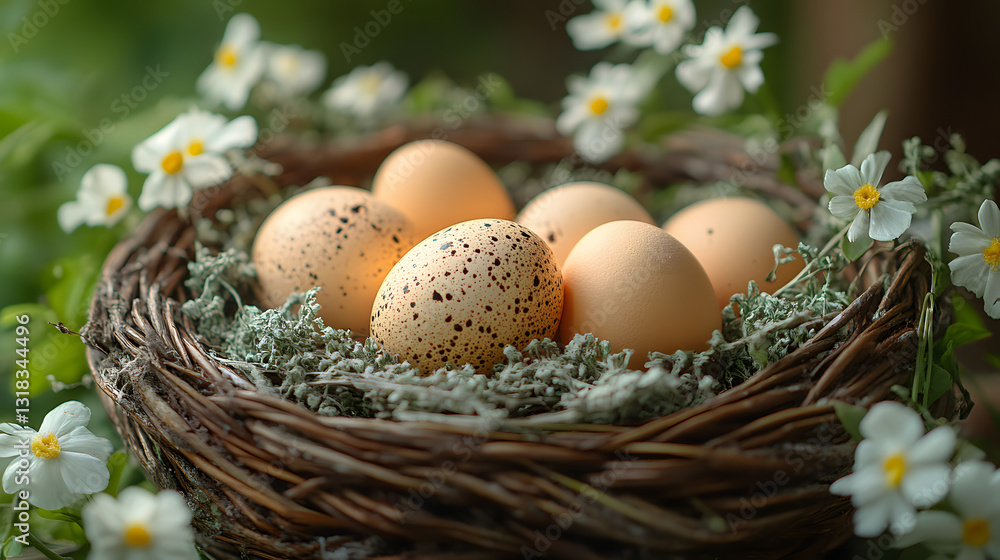 Obraz premium Colorful Speckled Eggs in a Basket on Green Outdoor Garden Setting