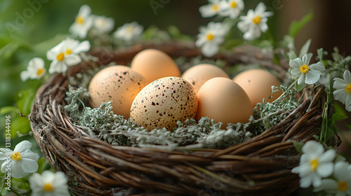 Colorful Speckled Eggs in a Basket on Green Outdoor Garden Setting