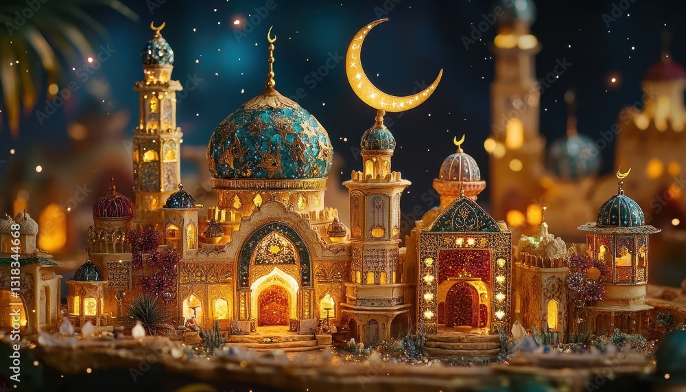Obraz premium Illuminated Mosque Miniature at Night with Crescent Moon and Stars