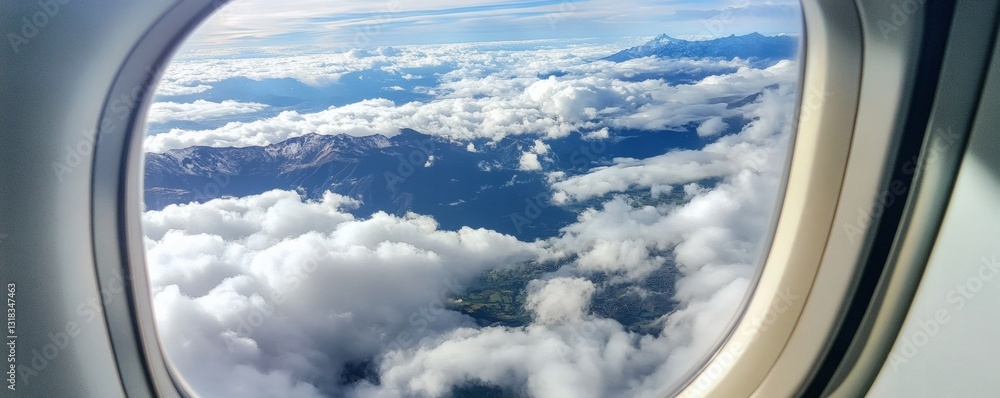 The plane window reveals majestic mountains and fluffy clouds in the sky The plane window reveals majestic mountains and fluffy clouds in the sky