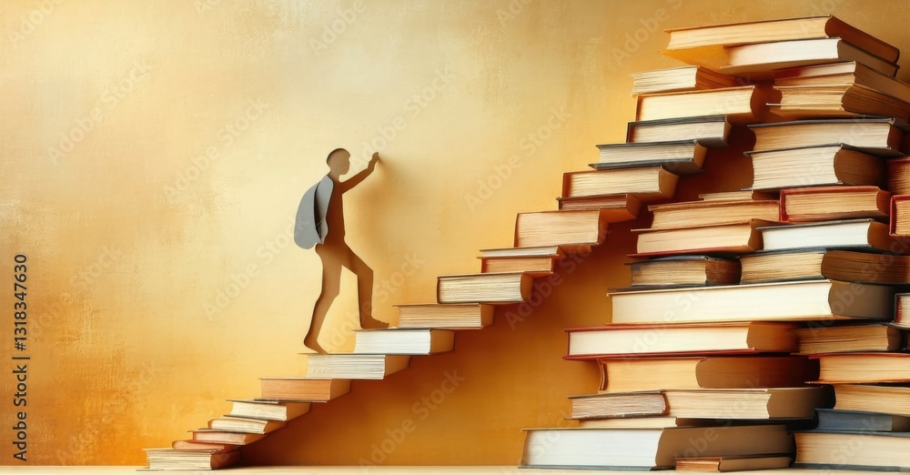 Paper cutout of person climbing staircase made of oversized books soft warm tones symbolizing pursuit of knowledge and lifelong learning Paper cutout of person climbing staircase made of oversized books soft warm tones symbolizing pursuit of knowledge and lifelong learning