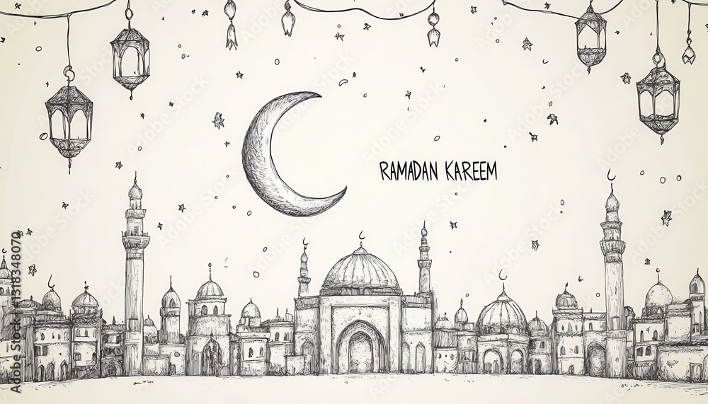 Sketchy Cityscape at Night with Crescent Moon and Lanterns Sketchy Cityscape at Night with Crescent Moon and Lanterns