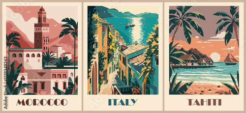 Set of Travel Destination Posters in retro style. Italy, Morocco, Tahiti digital prints. International summer vacation, holidays concept. Vintage vector colorful illustrations.