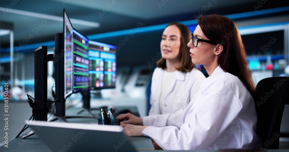 Female research scientist analyzing data Female research scientist analyzing data