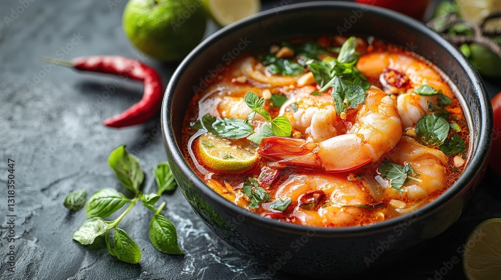 Sea food Bun rieu Traditional Vietnamese soup Dish top view on a dark marble background Sea food Bun rieu Traditional Vietnamese soup Dish top view on a dark marble background
