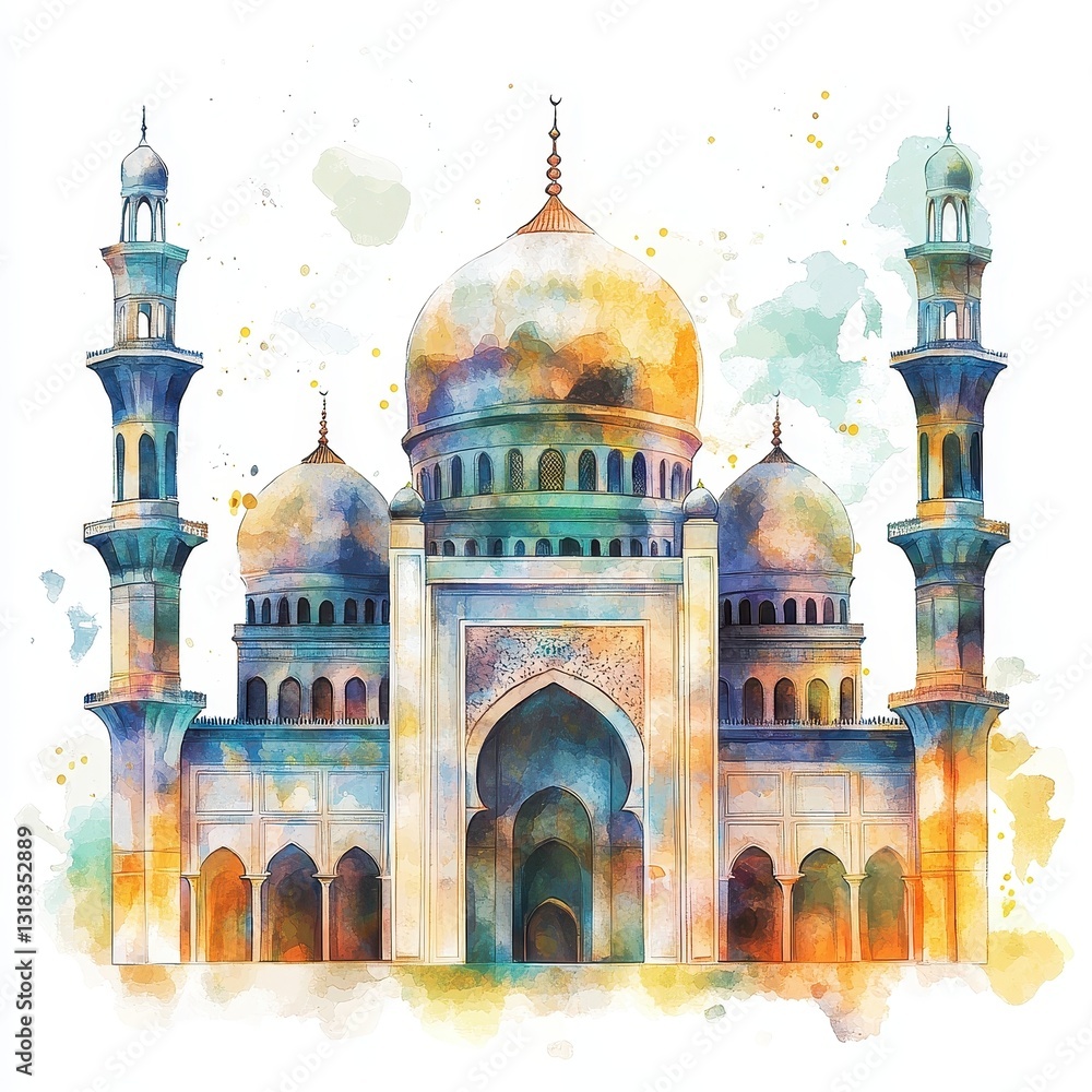 Obraz premium Watercolor Painting of a Grand Mosque with Golden Dome and Minarets