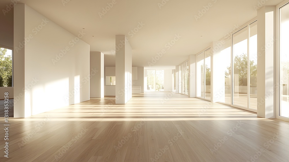 Obraz premium Bright and Spacious Modern House Interior with Large Windows and Wooden Floors