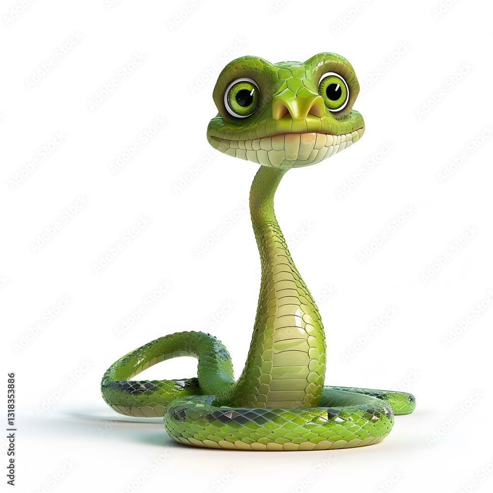 Fototapeta premium Cute Cartoon Green Snake Character with Big Eyes and Smile