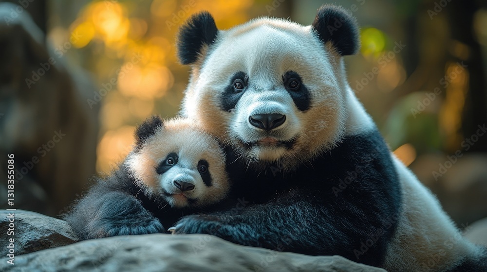 Fototapeta premium Tender Moment: Mother Panda and Cub in Natural Habitat