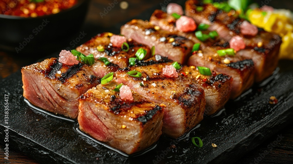 Sliced grilled meat dish with garnish and corn on black plate, sauce on side Sliced grilled meat dish with garnish and corn on black plate, sauce on side