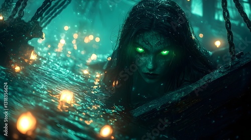 Mysterious Mermaid Siren Lurking in Eerie Shipwreck with Glowing Lights