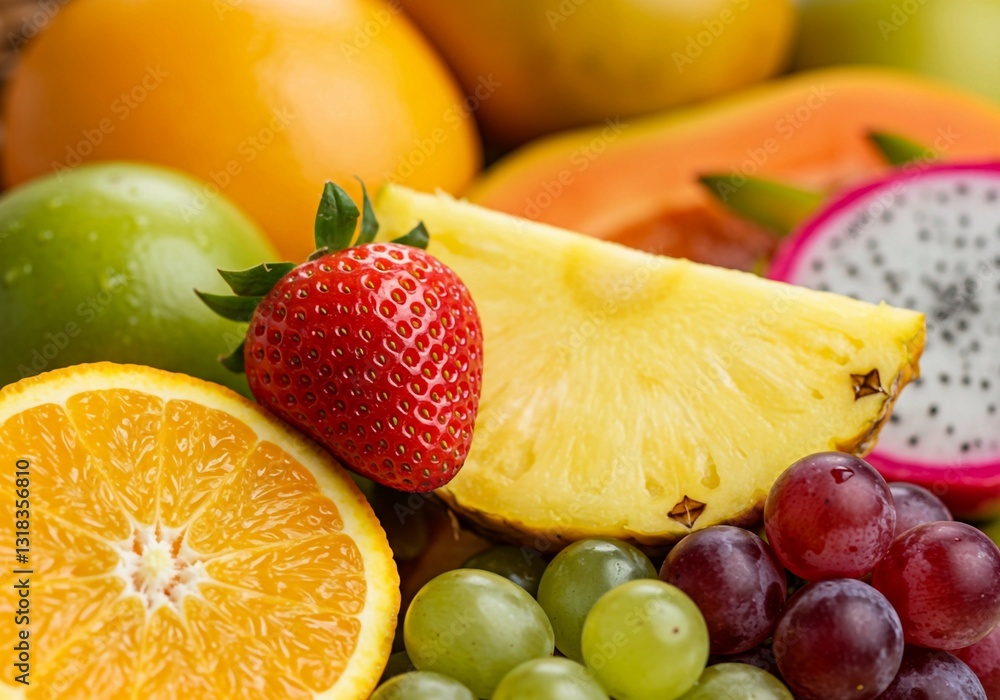 Natural light and an overhead view highlight the colorful assortment of fresh fruits and vegetables in a diverse food arrangement Natural light and an overhead view highlight the colorful assortment of fresh fruits and vegetables in a diverse food arrangement