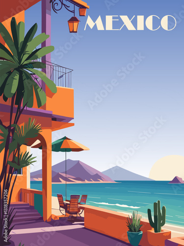 Mexico Travel Destination Poster in retro style. Old beach front villa digital art print. Exotic summer vacation, International holidays concept. Vintage vector colorful illustrations.