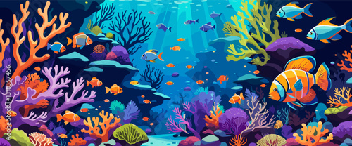 Underwater vector background, banner. Life at sea or ocean bottom. Exotic undersea world with coral reef, colorful fish, cute underwater creatures. Marine landscape, seascape.