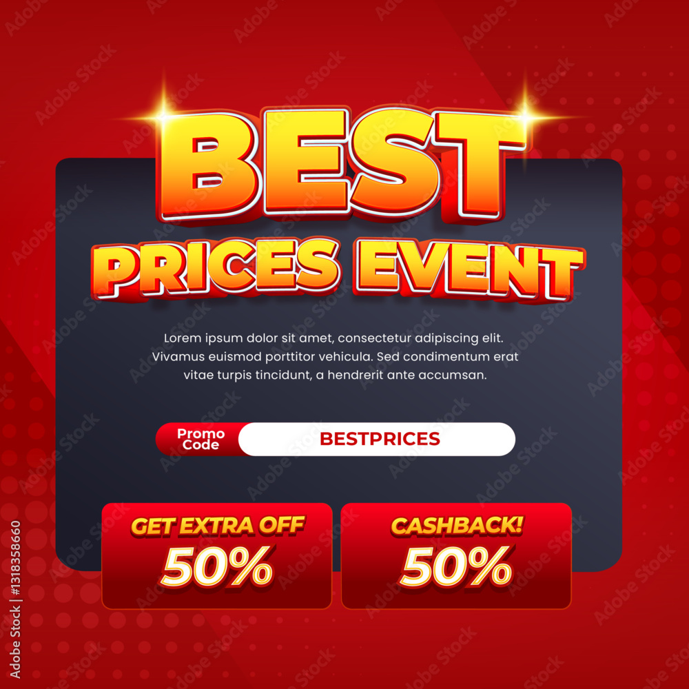 Fototapeta premium Best Prices Event Sale discount deals deep red gradient Editable text effect Promo code Extra sale and Cashback Free delivery Red Halftone style Promotional banner flyer Template