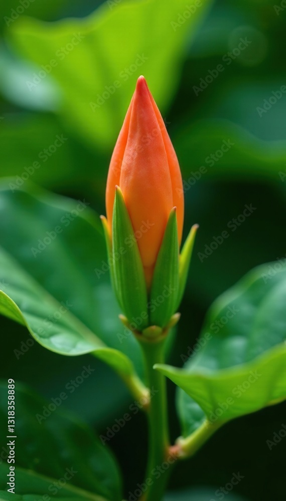 Delicate leaves surround an orange flower bud, tree leaves, greenery Delicate leaves surround an orange flower bud, tree leaves, greenery
