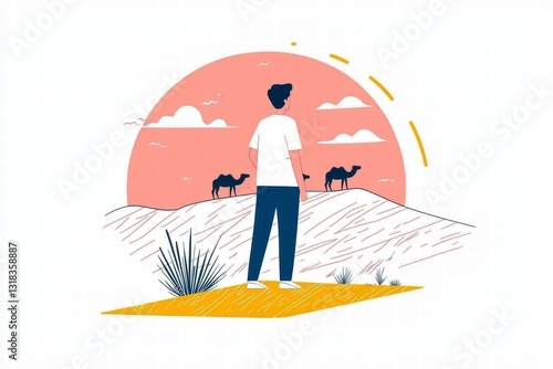Stunning Illustration of a Desert Landscape with a Person and Camels Under a Pink Sky
