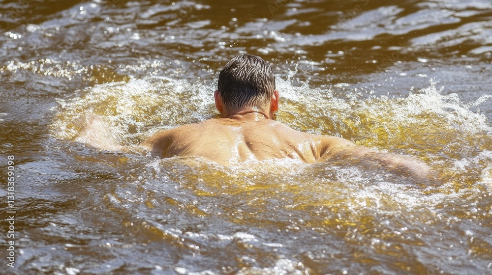 Desperate man struggling to stay afloat while drowning in a river. High-angle view of a person in distress reaching for help, symbolizing danger, emergency, and survival Desperate man struggling to stay afloat while drowning in a river. High-angle view of a person in distress reaching for help, symbolizing danger, emergency, and survival