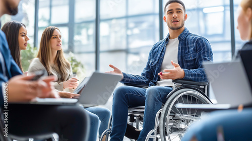 A young businessman with a disability holds a meeting in the office in front of the assembled employees.