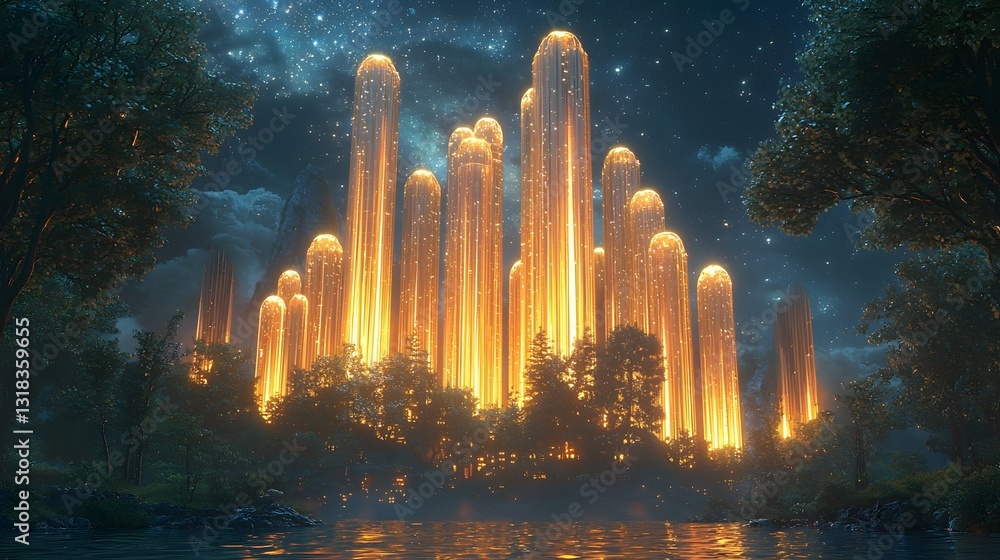 Fototapeta premium Glowing Pencil Forest A Surreal Fantasy Landscape Symbolizing Education s Growth