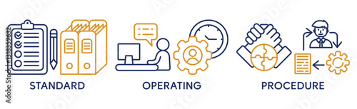 SOP banner web icon vector illustration concept for the standard operating procedure with an icon of instruction, quality, manual, process, operation, sequence, workflow, iteration, and puzzle