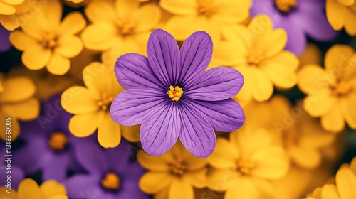 Top-view violet surrounded by bright yellow buttercups in a serene and organic floral composition

