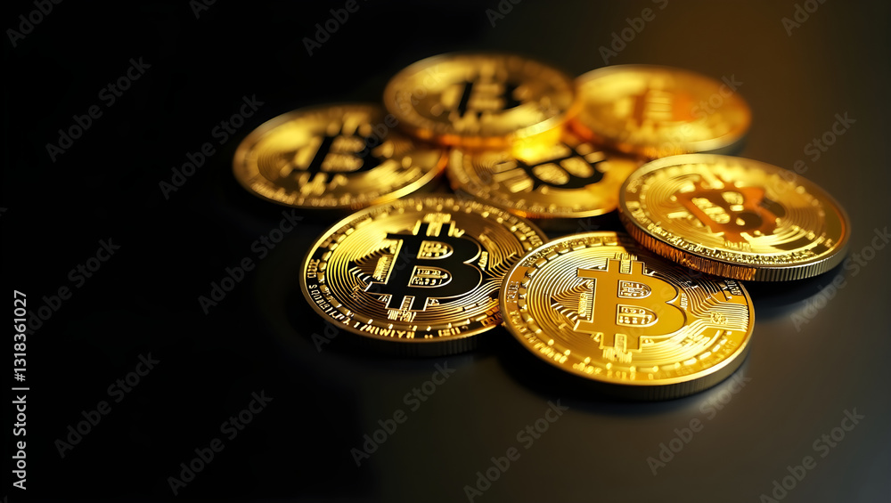 Photorealistic depiction of sparkling golden bitcoins and new virtual money. Detailed and realistic lighting coins on a dark black background.
Photorealistic depiction of sparkling golden bitcoins and new virtual money. Detailed and realistic lighting coins on a dark black background.