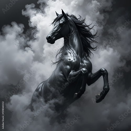 Magnificent black Spanish horse rears up in a dramatic pose, surrounded by a mysterious aura of swirling smoke and mist.