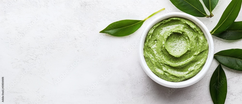 Obraz premium Fresh Green Herb Paste in White Bowl Surrounded by Green Leaves