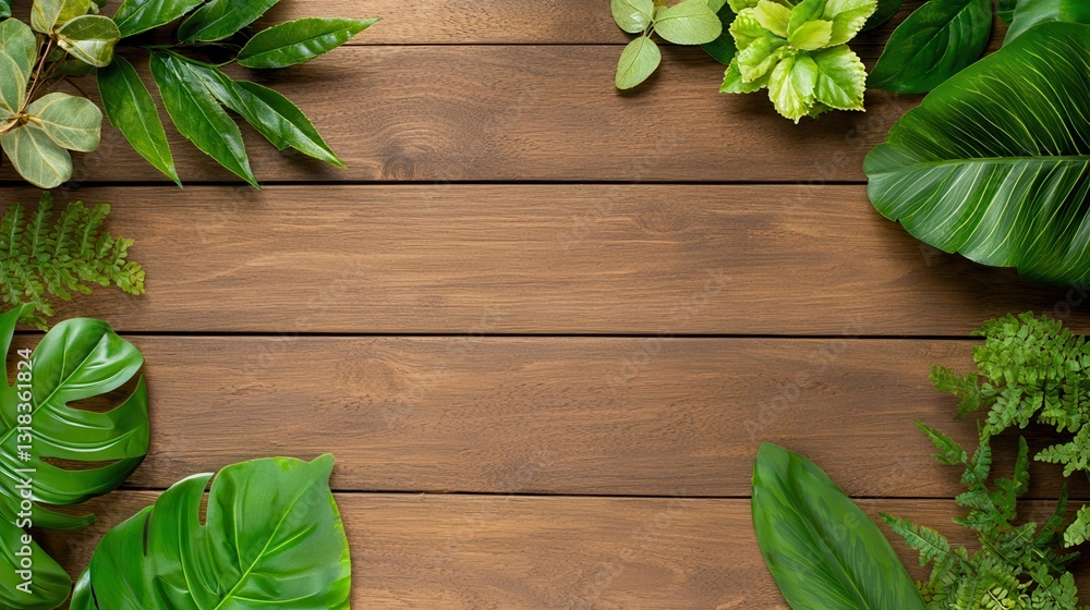 Tropical Green Leaves Surrounding Rustic Wooden Background Surface Tropical Green Leaves Surrounding Rustic Wooden Background Surface