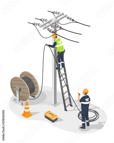 fiber optic cable internet broadband installation on Electric pole Technicians team service isometric isolated cartoon