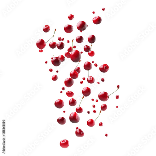A cascade of fresh, glossy red cherries with attached stems tumbles dynamically downward isolated against a clean transparent background.
