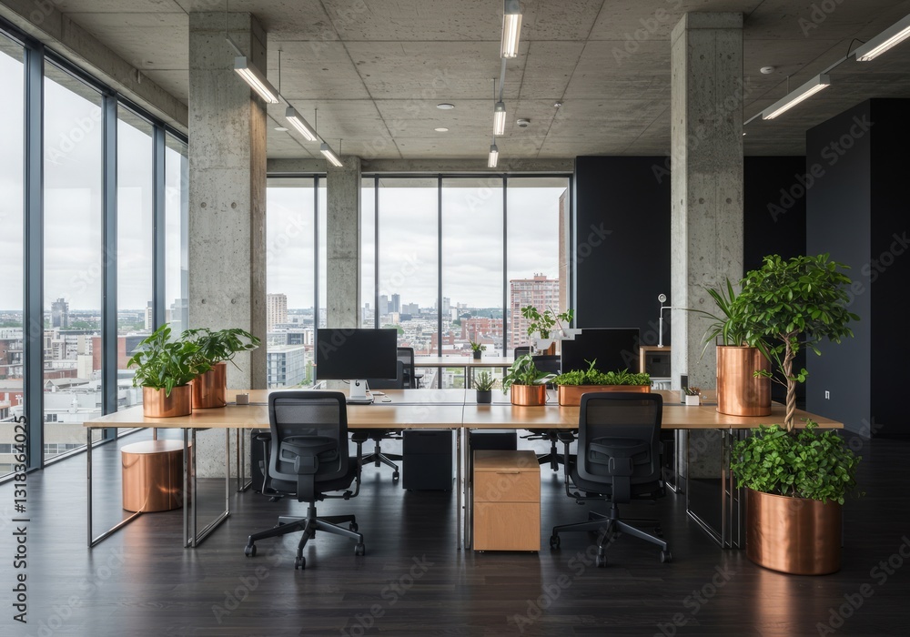 Fototapeta premium Spacious office with plants and dark wall