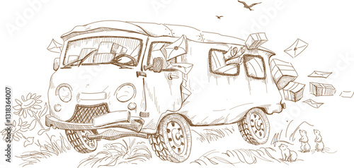Postal vehicle drives fast on rough roads and loses letters and parcels. Vector cartoon illustration in engraving style