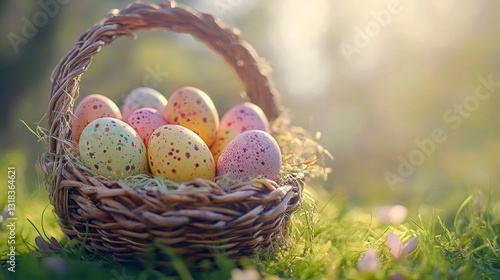 Nestled in a rustic basket, vibrant speckled eggs radiate joy as sunlight filters through a serene meadow, capturing the essence of spring celebrations and childhood wonder