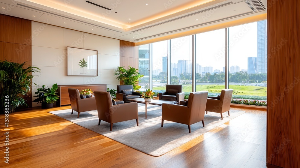 Modern Office Lounge with Natural Light and Elegant Furniture Modern Office Lounge with Natural Light and Elegant Furniture