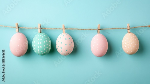 Five beautifully decorated easter eggs in pastel colors are suspended on a string. This charming display evokes feelings of joy and celebration during the spring season