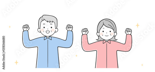 ガッツポーズするシニア夫婦(上半身)